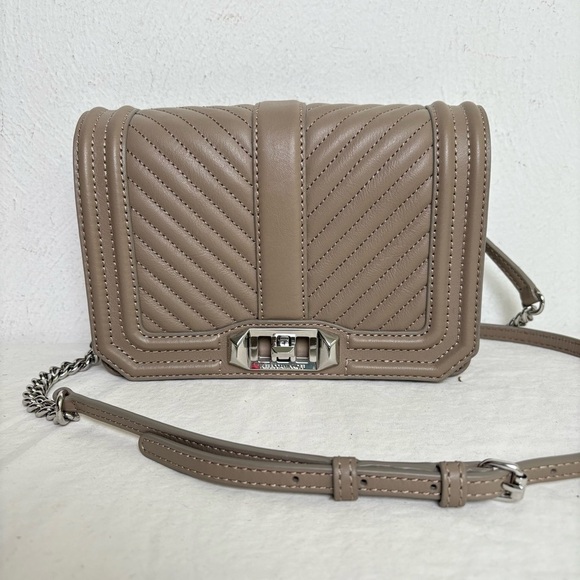 REBECCA MINKOFF Chevron Quilted Small Love Crossbody Leather Bag Taupe Sandrift - Picture 15 of 17